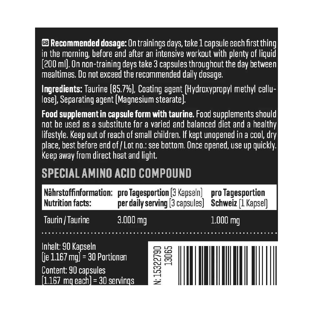 Taurina 3000mg, 90 capsule, Body Attack, Supliment alimentar pentru performanta