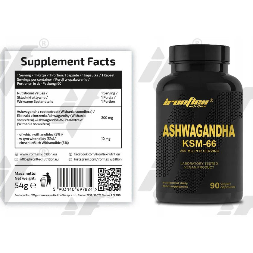 Ashwagandha KSM-66 200mg, 90 capsule, Ironflex, Supliment alimentar adaptogen